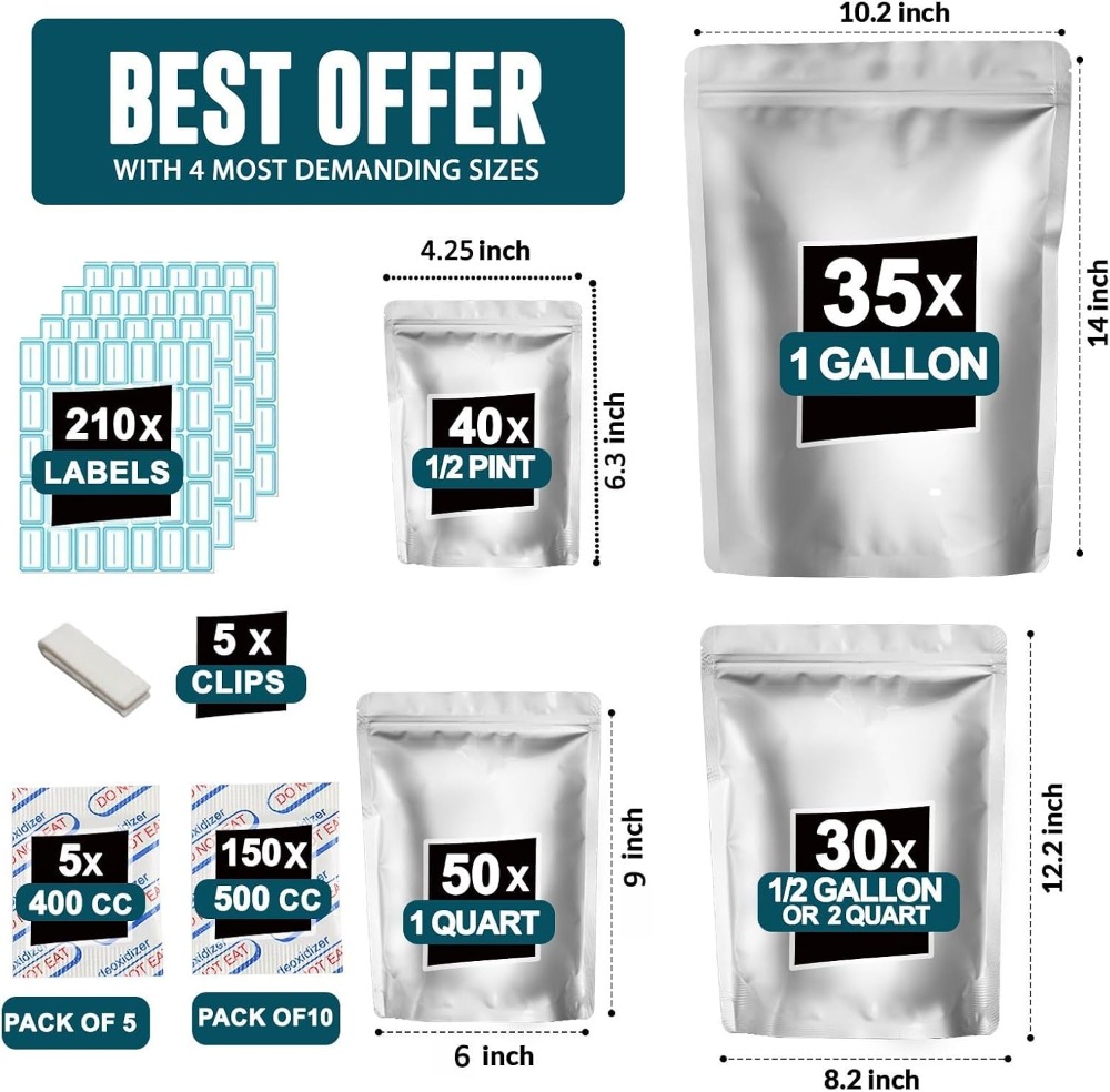 155 كيس مايلر مع 155 ممتص للأك - مراجعة Food Storage Long Term وسعره